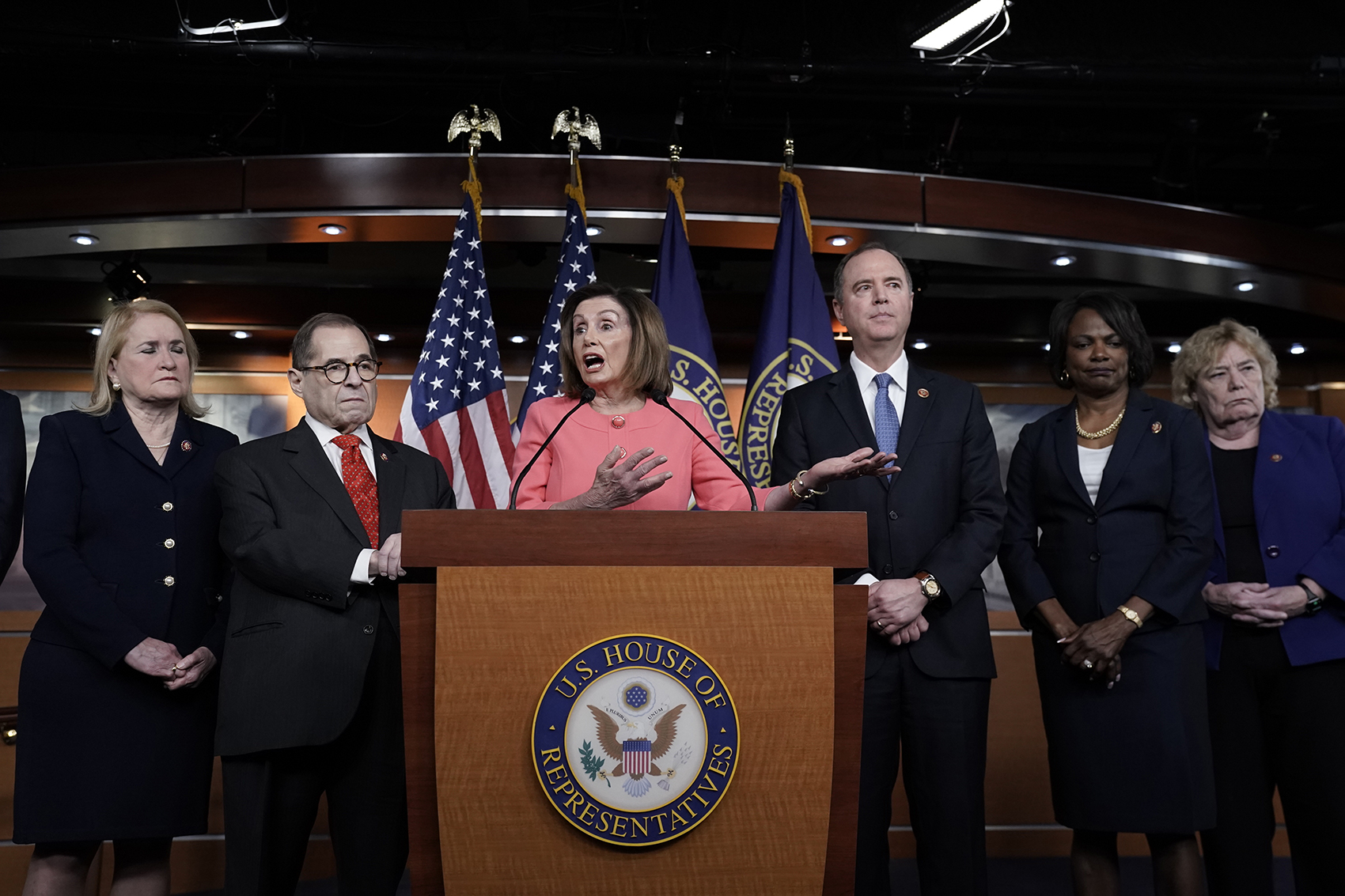 caption: Speaker of the House Nancy Pelosi, D-Calif., meets with reporters to announce the House impeachment managers as she prepares to send articles of impeachment to the Senate against President Donald Trump for abuse of power and obstruction of Congress, at the Capitol in Washington, Wednesday, Jan. 15, 2020. With Pelosi from left are Rep. Sylvia Garcia, D-Texas, House Judiciary Committee Chairman, Rep. Jerrold Nadler, D-N.Y., Pelosi, House Intelligence Committee Chairman Adam Schiff, D-Calif., Rep. Val Demings,