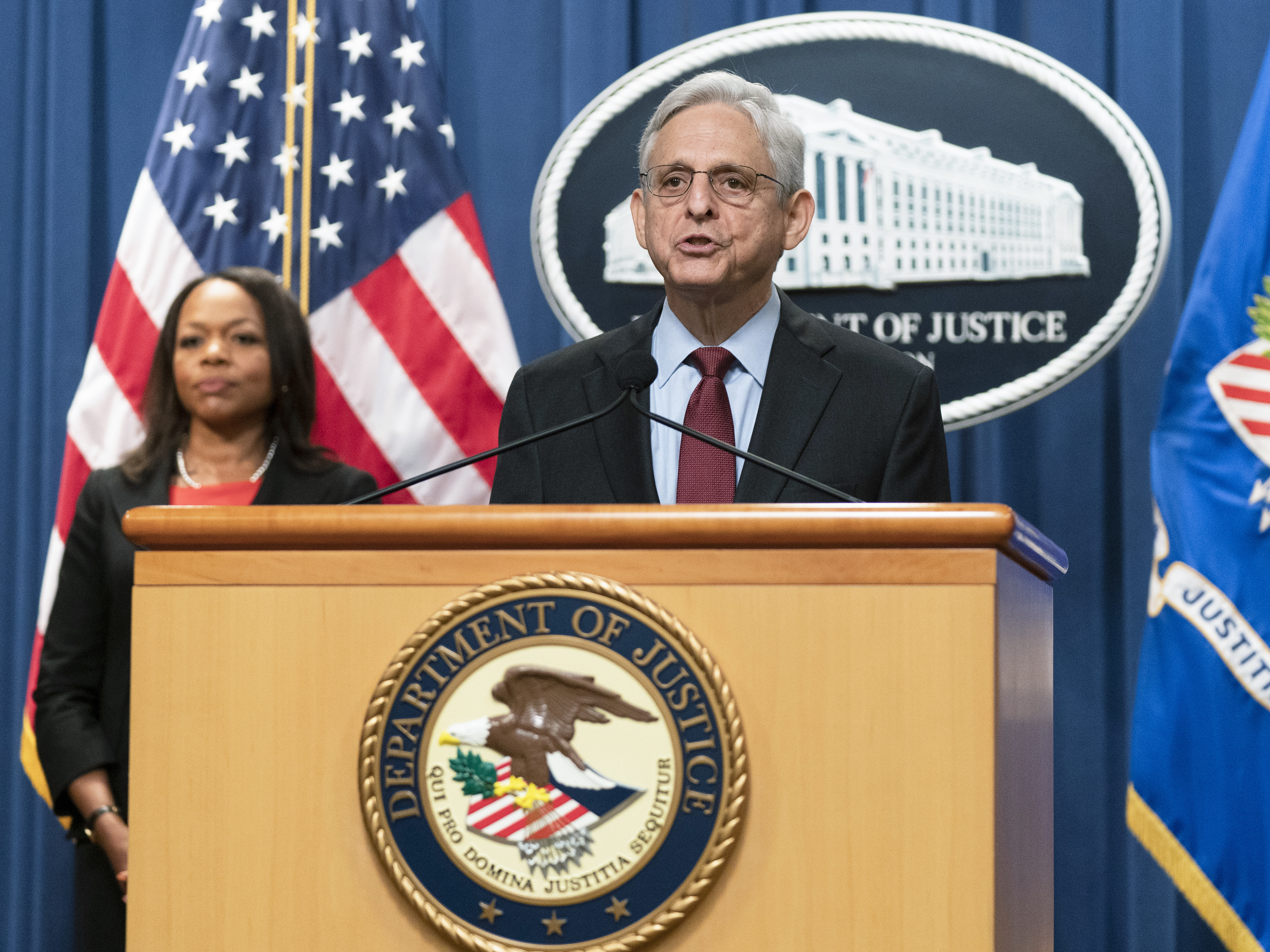 caption: Attorney General Merrick Garland with Assistant Attorney General Kristen Clarke for the Civil Rights Division, announced civil rights charges Thursday related to the botched Louisville Police drug raid that led to the death of Breonna Taylor.