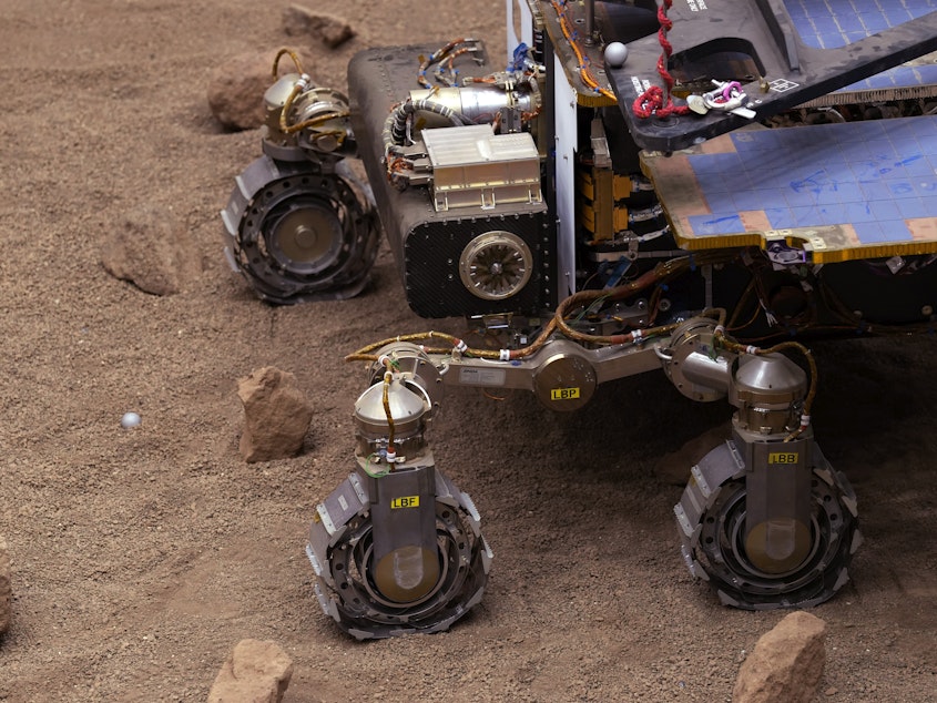 caption: The prototype rover Amalia is a copy of rover Rosalind Franklin that is set to explore Mars in the next ExoMars mission that searches for signs of life on the planet. The mission was set for 2022, but as Russia pushes ahead with its invasion of Ukraine, the agency said that timeline is unlikely.