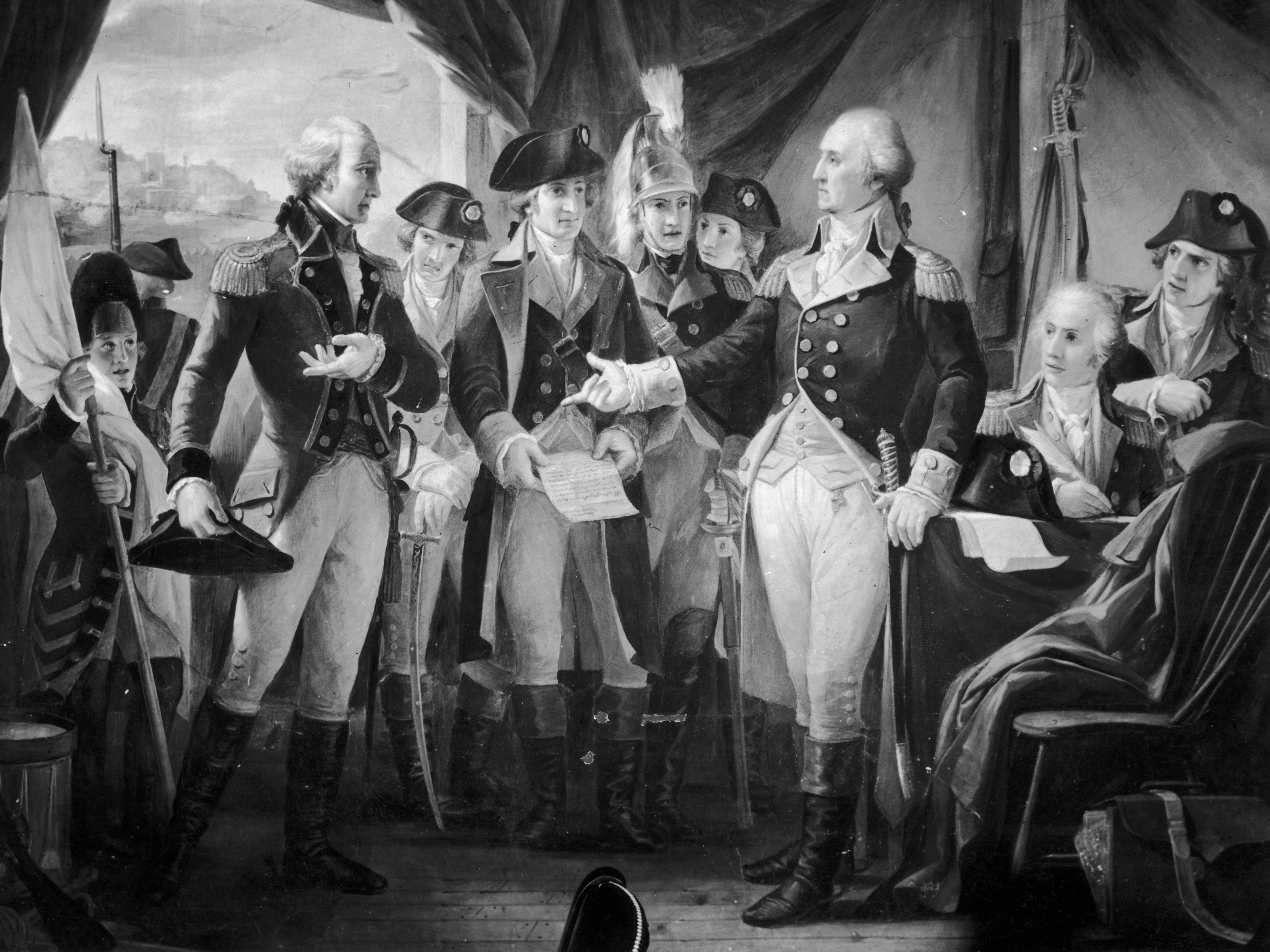 caption: October 1789: American Gen. George Washington declining to accept terms, after the siege of Yorktown, from British Gen. Charles Cornwallis (left), whose subsequent surrender practically ended the American War of Independence.