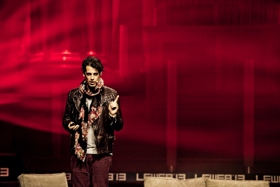 caption: Milo Yiannopoulos at LeWeb13 Conference in Central Hall Westminster, London.