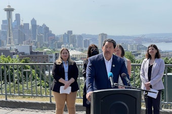 caption: Seattle Mayor Bruce Harrell speaks at a press conference on June 8, 2023.