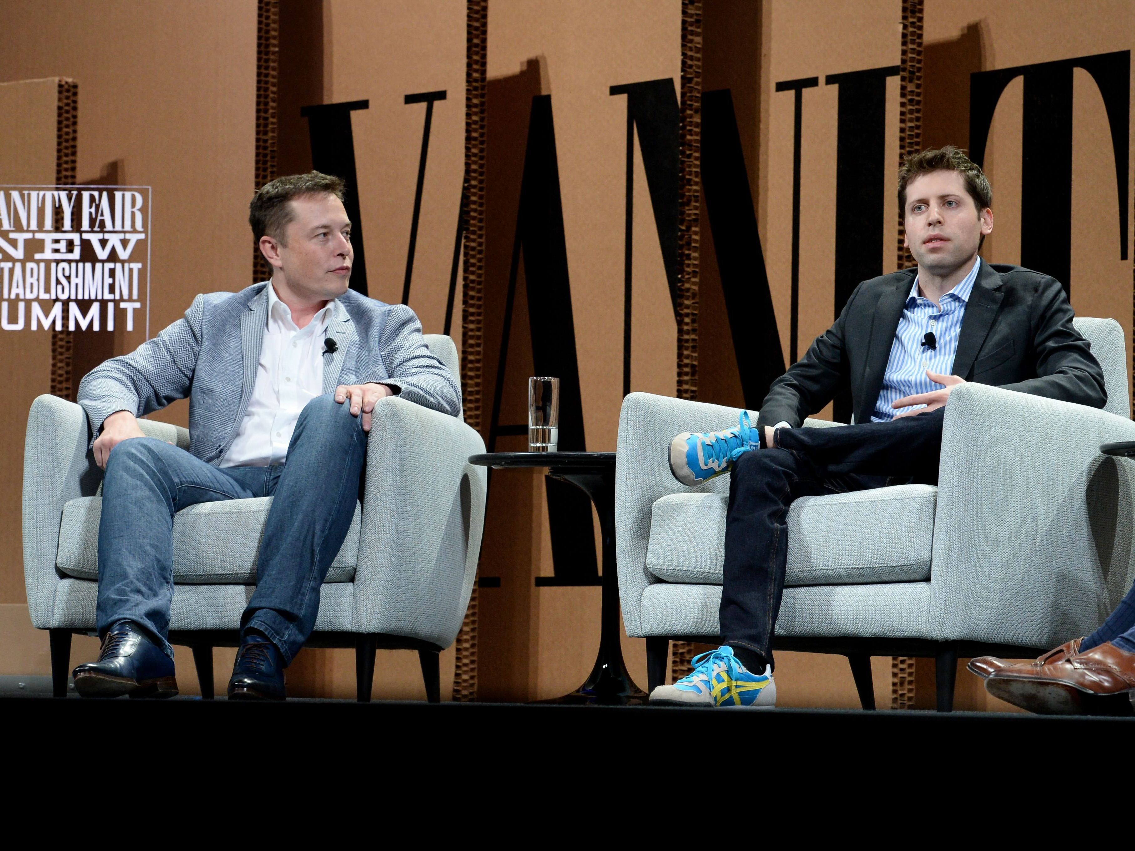 caption: Elon Musk and Sam Altman speak at the Vanity Fair New Establishment Summit at Yerba Buena Center for the Arts on October 6, 2015 in San Francisco, California.