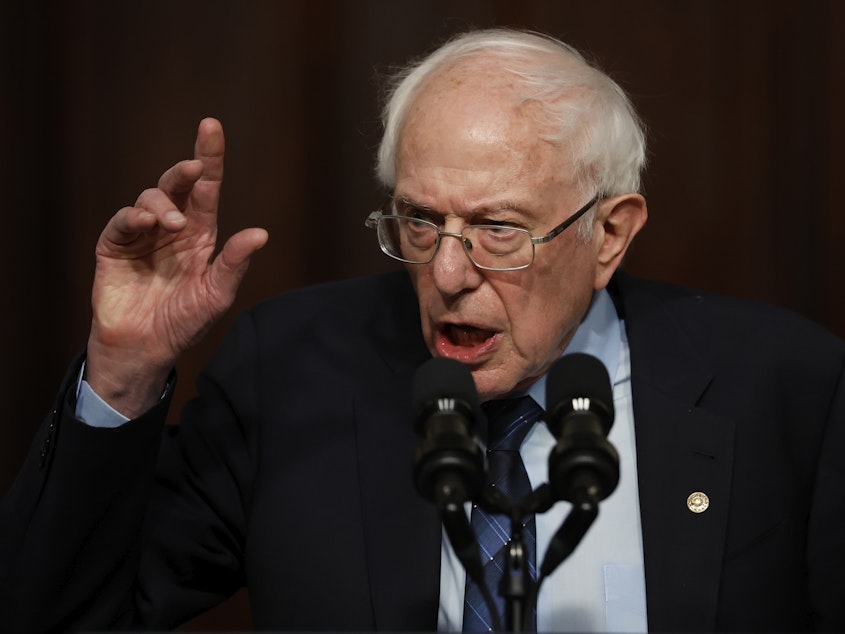caption: Bernie Sanders is pictured in the Eisenhower Executive Office Building on April 3 in Washington, D.C. Sanders accused Israeli Prime Minister Benjamin Netanyahu of using claims of antisemitism as a deflection of criticism of the war.