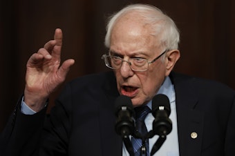 caption: Bernie Sanders is pictured in the Eisenhower Executive Office Building on April 3 in Washington, D.C. Sanders accused Israeli Prime Minister Benjamin Netanyahu of using claims of antisemitism as a deflection of criticism of the war.