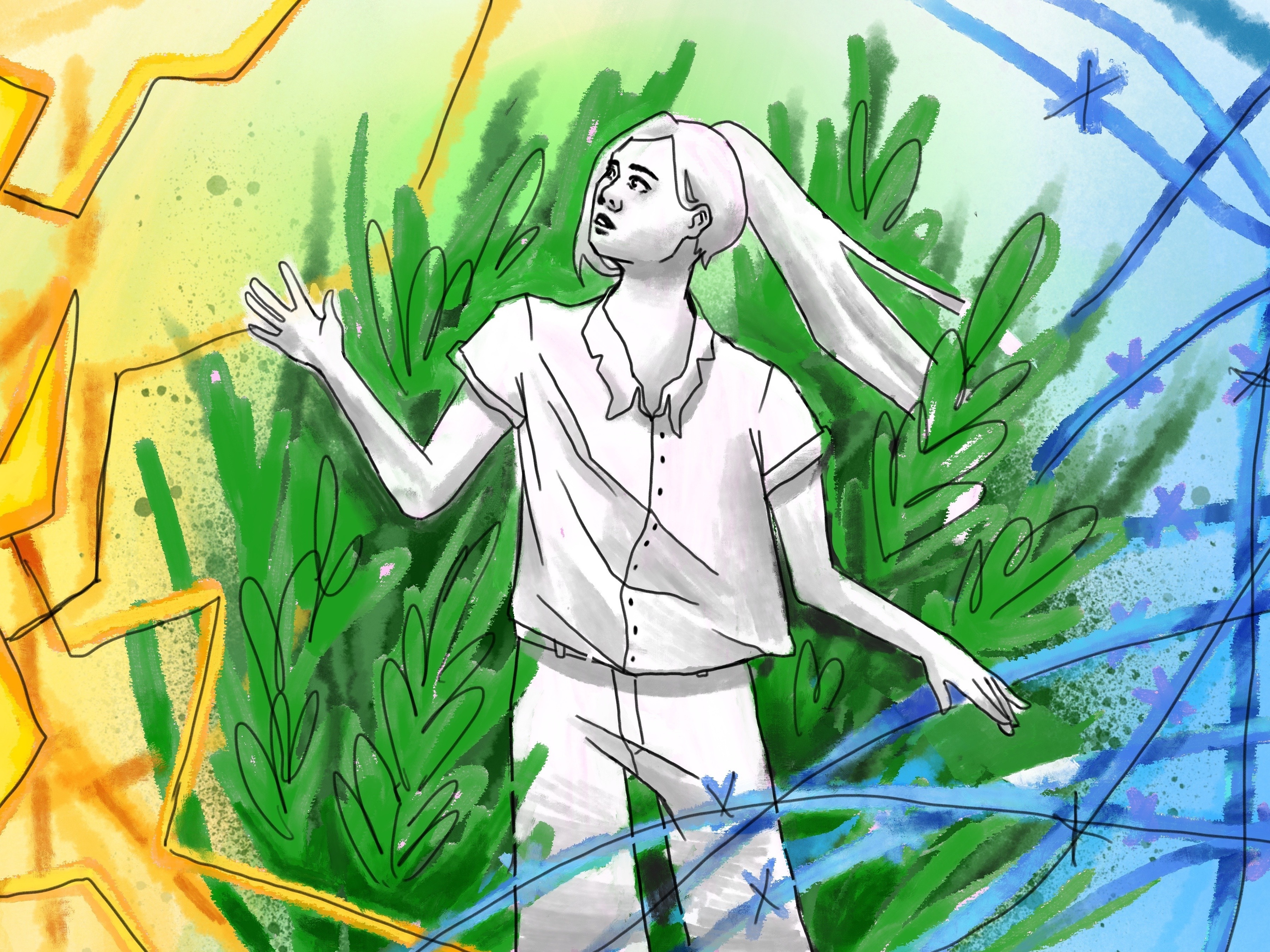 Illustration of a curious person standing in the midst of three attachment styles, with each style depicted as a textured wash of color.