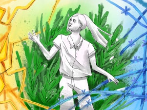 Illustration of a curious person standing in the midst of three attachment styles, with each style depicted as a textured wash of color.