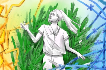 Illustration of a curious person standing in the midst of three attachment styles, with each style depicted as a textured wash of color.
