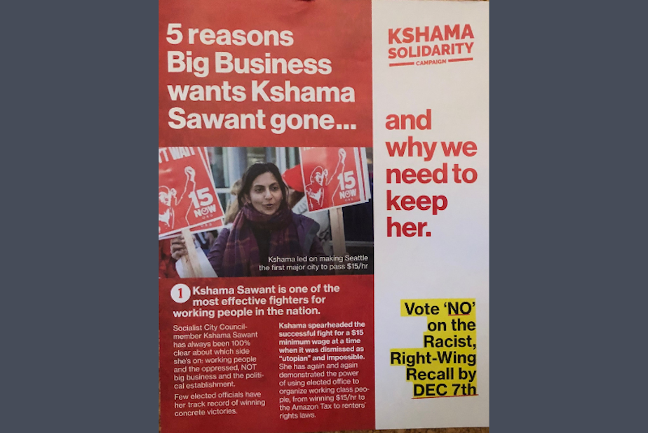 caption: A flier in support of Councilmember Kshama Sawant, sent at the same time of an effort to recall the politician.