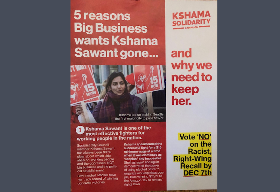 caption: A flier in support of Councilmember Kshama Sawant, sent at the same time of an effort to recall the politician. 
