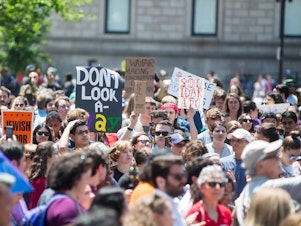 caption: Participants of the Wayfair walkout gathered in Copley Square in Boston on Wednesday.