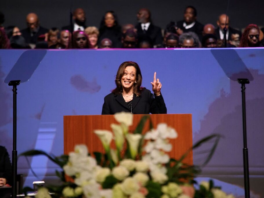 caption: Vice President Harris, the likely Democratic presidential nominee, delivers the eulogy for Rep. Sheila Jackson Lee at Fallbrook Church in Houston on Thursday. 