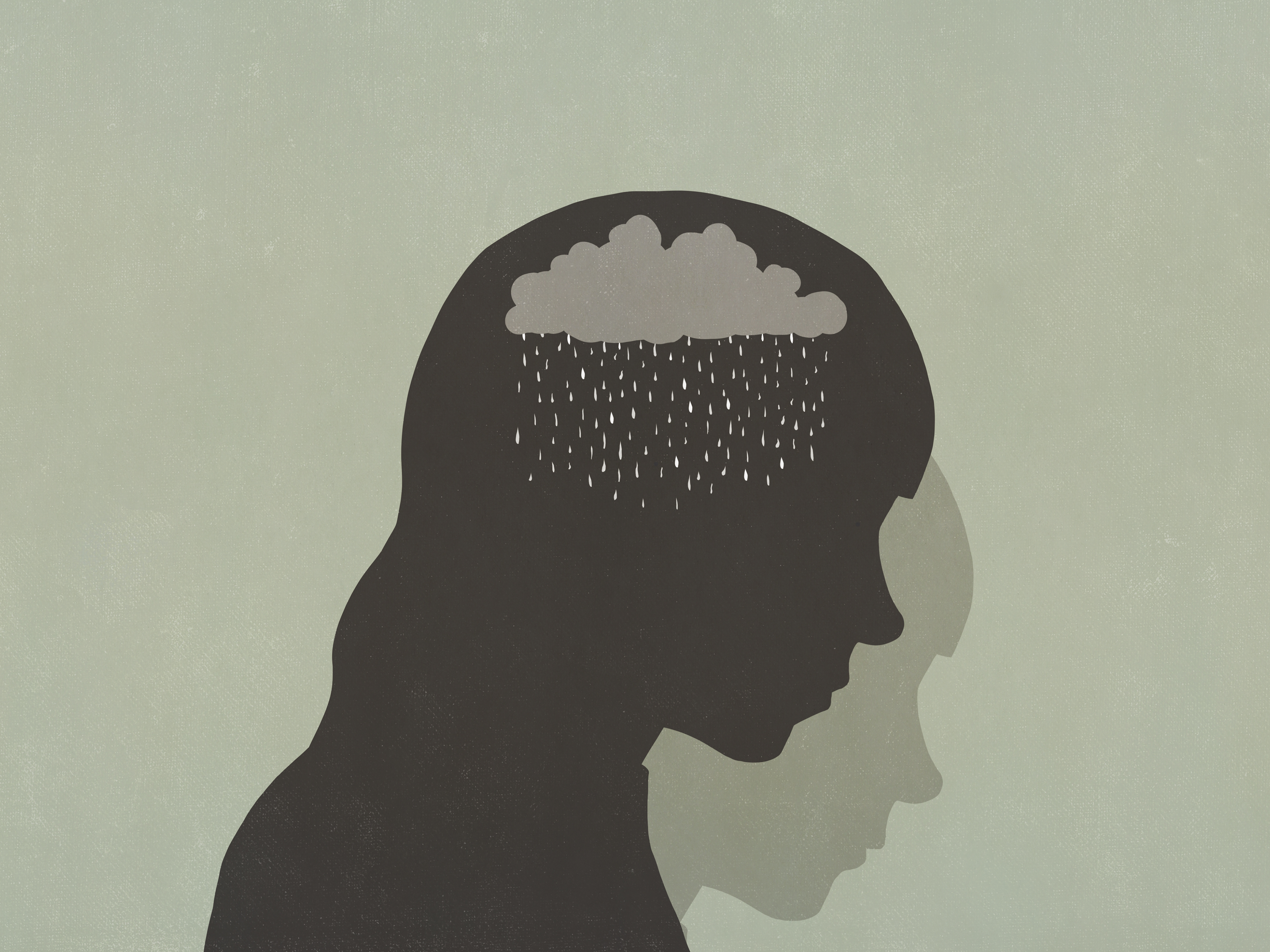 Illustration featuring a gray silhouette of a long-haired teenager with their head lowered. A raincloud replaces the space in her head where her brain would be, representing a storm of emotions.
