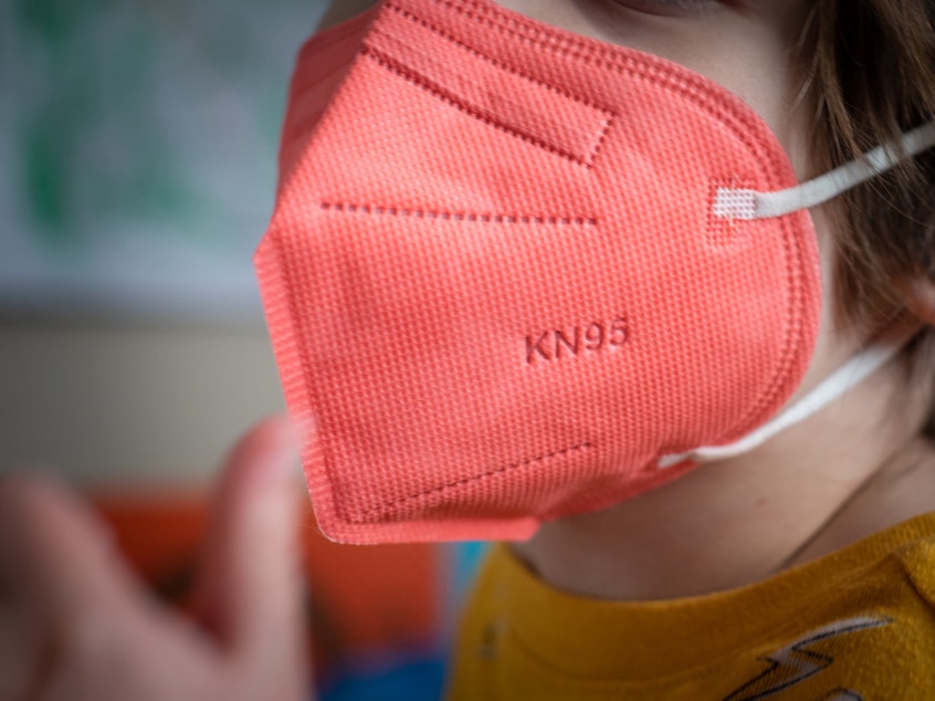 caption: A child wears a KN95 mask for kids in Hastings-on-Hudson, New York.