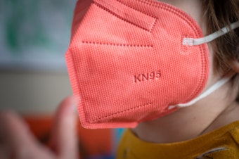 caption: A child wears a KN95 mask for kids in Hastings-on-Hudson, New York.