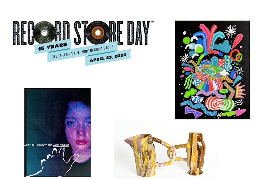 caption: Clockwise from upper left: Record Store Day, Nikita Ares' 'Good night,' Emily Counts' 'Collecting Vessels,' and 'We’re All Going to the World’s Fair' 