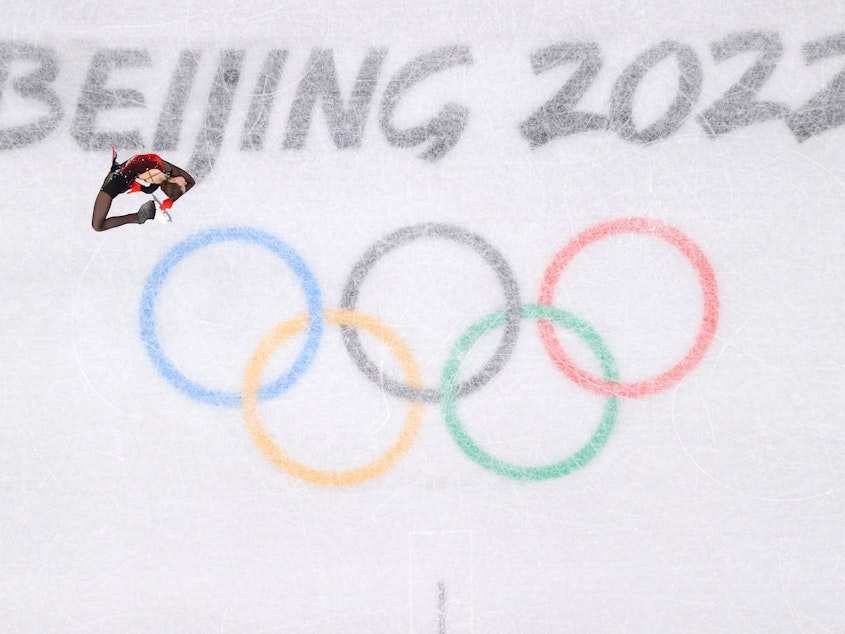 caption: Kamila Valieva of ROC skates during the team figure skating program on Feb. 7, 2022 in Beijing.
