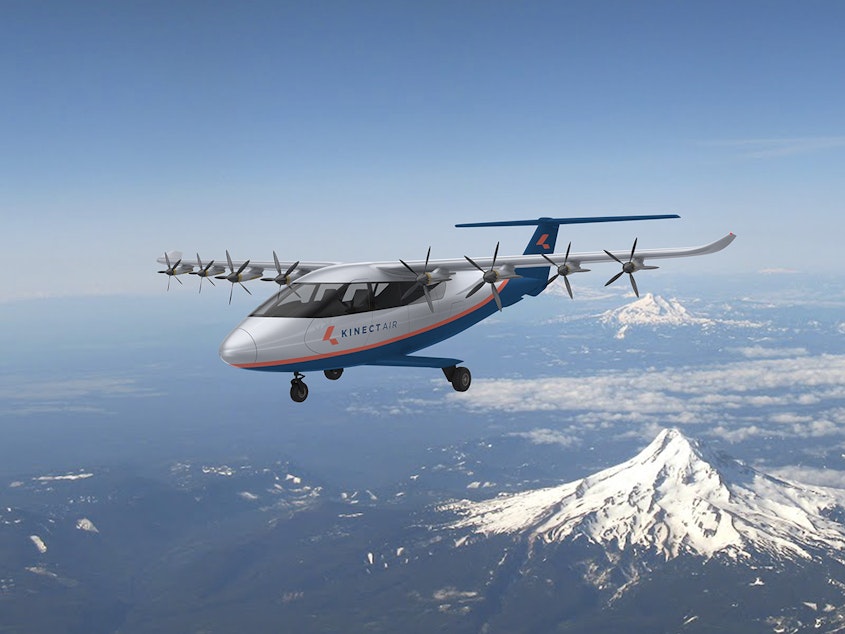 caption: Electra.aero is developing a hybrid-electric aircraft designed to carry two pilots and nine passengers over a distance of 400 miles. KinectAir has pre-ordered the model for use on Pacific Northwest routes.