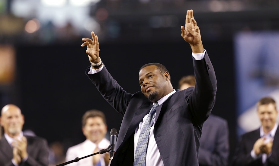caption: Former Seattle Mariners outfielder Ken Griffey Jr.waves to fans during a pregame ceremony to induct him into the team's Hall of Fame, Aug. 10, 2013. Griffey was voted into the MLB's Hall of Fame on Jan. 6, 2016.