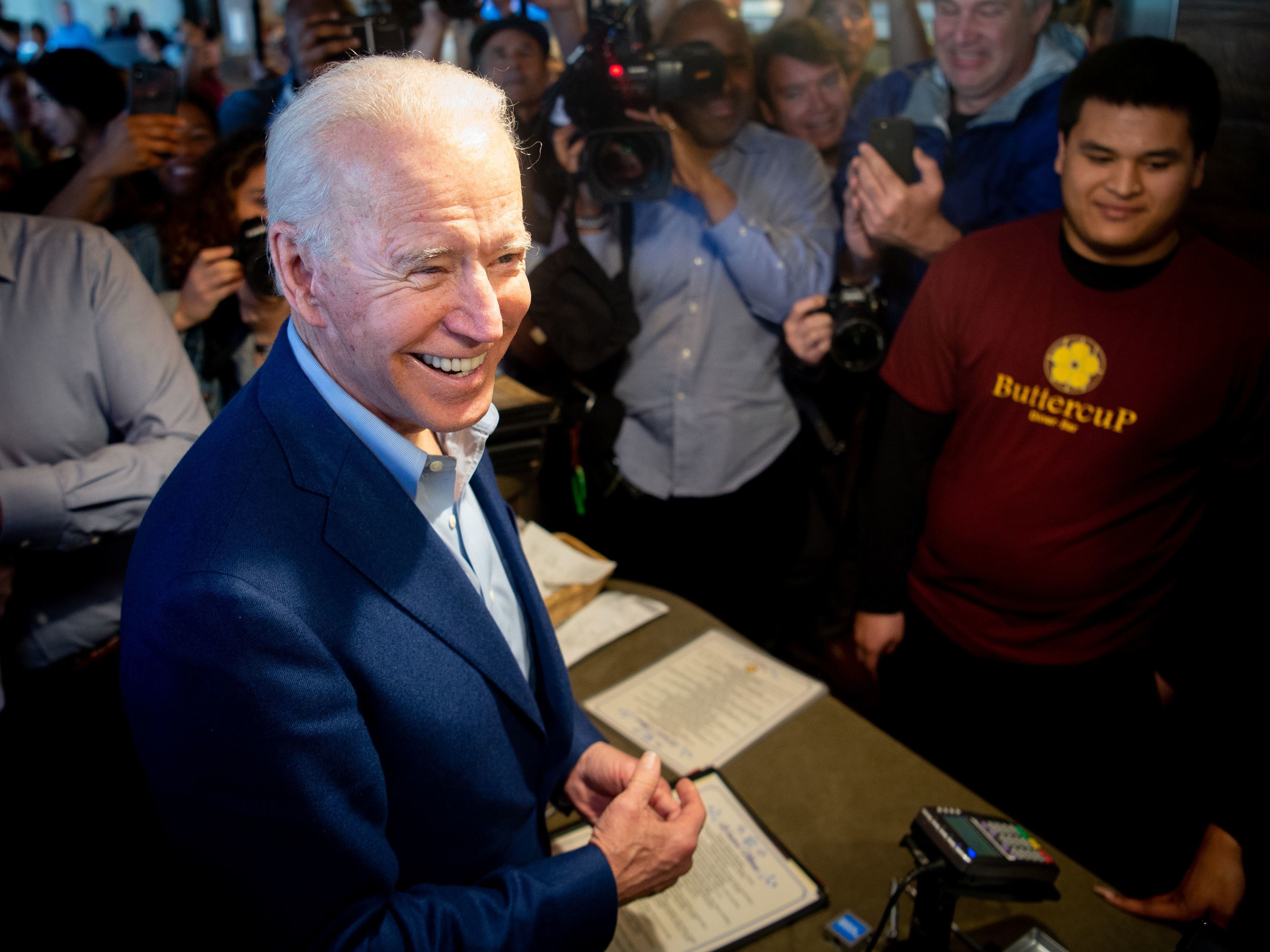 caption: Joe Biden buys a pie at Buttercup Diner in Oakland, Calif., on Tuesday. He swept a number of states in the biggest night of the primary season.