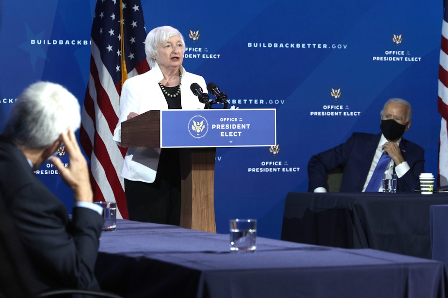 caption: U.S. Secretary of the Treasury nominee Janet Yellen speaks during an event to name President-elect Joe Biden’s economic team at the Queen Theater on December 1, 2020 in Wilmington, Delaware.(Alex Wong/Getty Images)