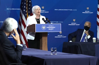 caption: U.S. Secretary of the Treasury nominee Janet Yellen speaks during an event to name President-elect Joe Biden’s economic team at the Queen Theater on December 1, 2020 in Wilmington, Delaware.(Alex Wong/Getty Images)