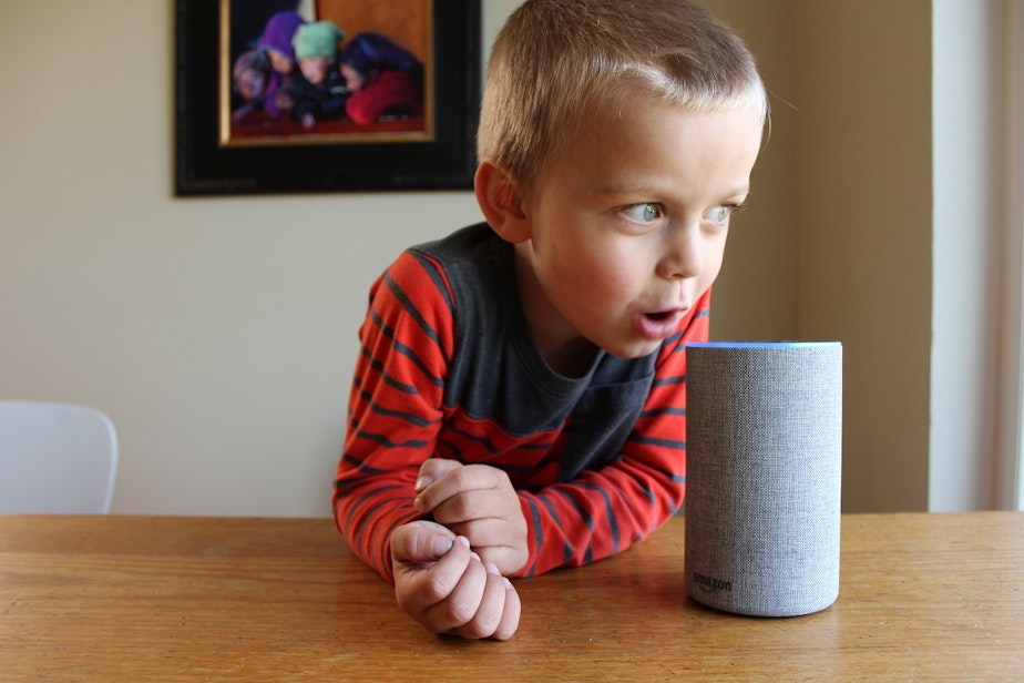 caption: Oscar Pulkkinen, 4, the writer's son, asks Alexa to make an elephant sneeze. She obliged. Alexa is an artificial intelligence device from Amazon. It is voice controlled; users can turn on lights, play songs and make purchases by saying, 'Hey, Alexa.'