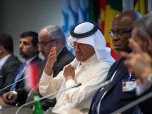 caption: Abdulaziz bin Salman, Saudi Arabia's energy minister, speaks during a news conference after the 45th Joint Ministerial Monitoring Committee and the 33rd OPEC and non-OPEC Ministerial Meeting in Vienna, Austria, on Oct. 5.