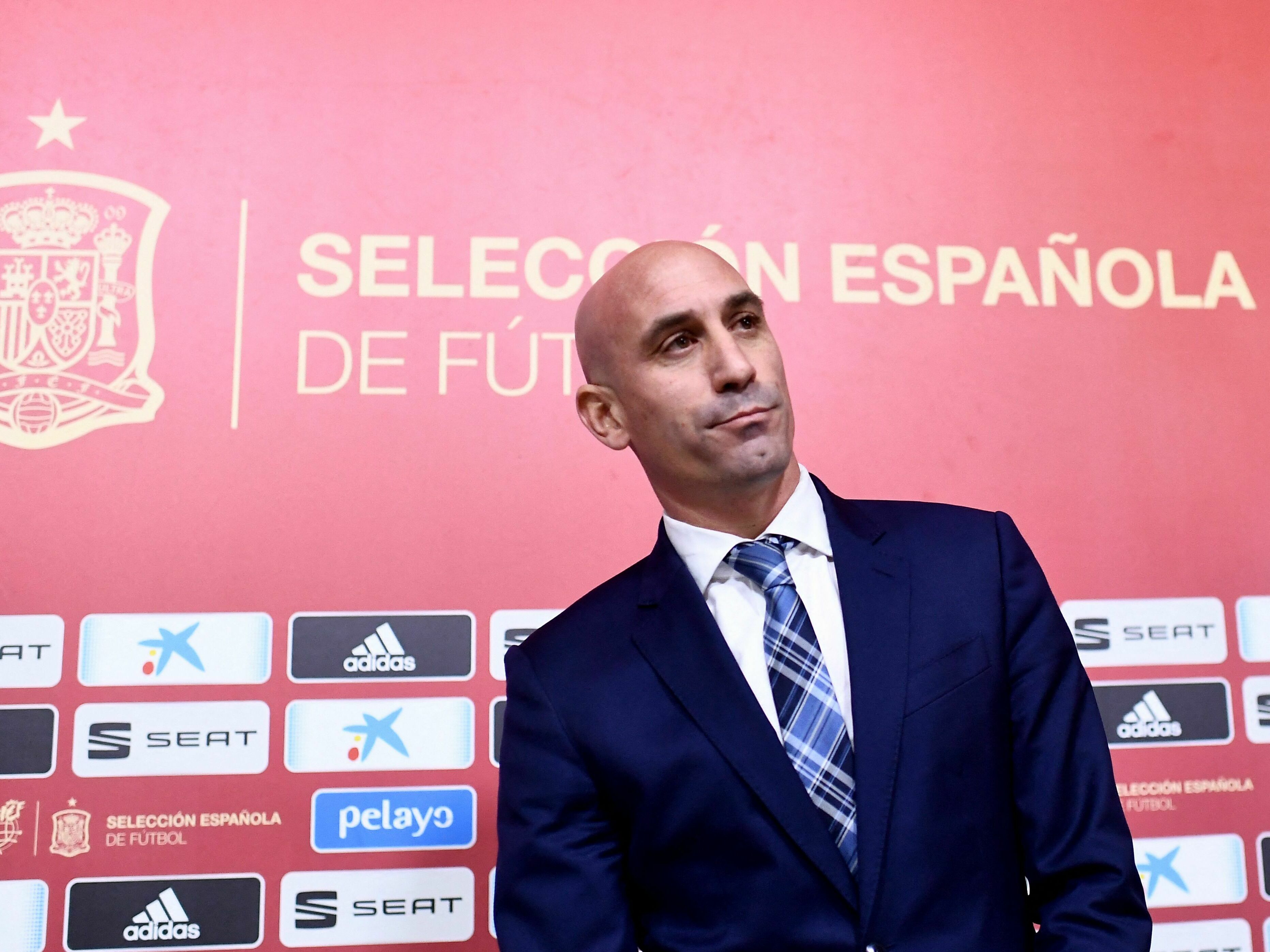 caption: Spanish Royal Football Federation president Luis Rubiales gives a press conference on Nov. 19, 2019 at Las Rozas football sports city near Madrid.