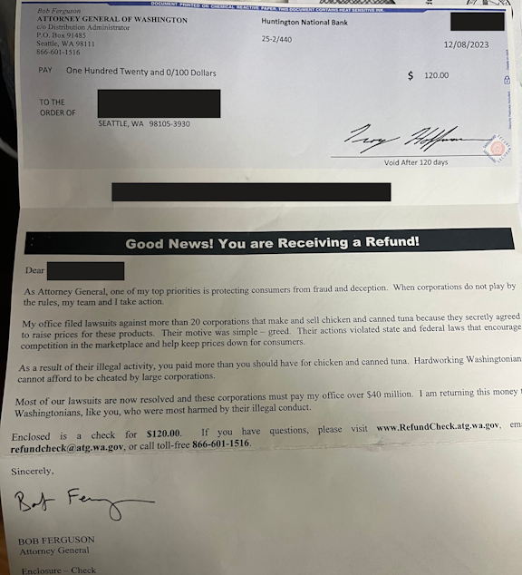caption: A check and a letter sent from Attorney General Bob Ferguson's office after the state settled a lawsuit with chicken and tuna producers. The AG's Office charged the companies with conspiring to keep prices high on their products.
