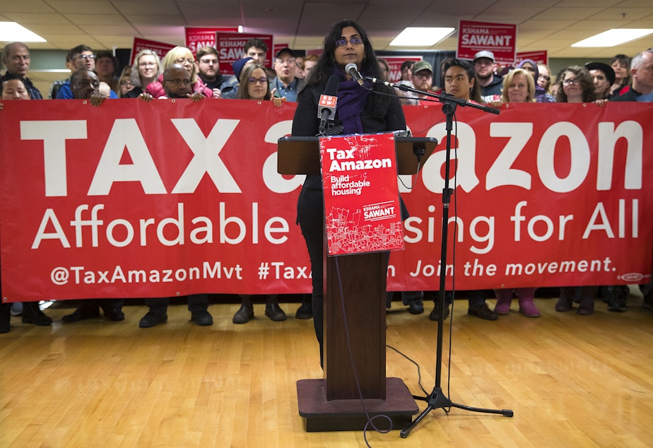 caption: Seattle City Councilmember Kshama Sawant holds a press conference on Saturday, November 9, 2019, at Langston Hughes Performing Arts Institute in Seattle.