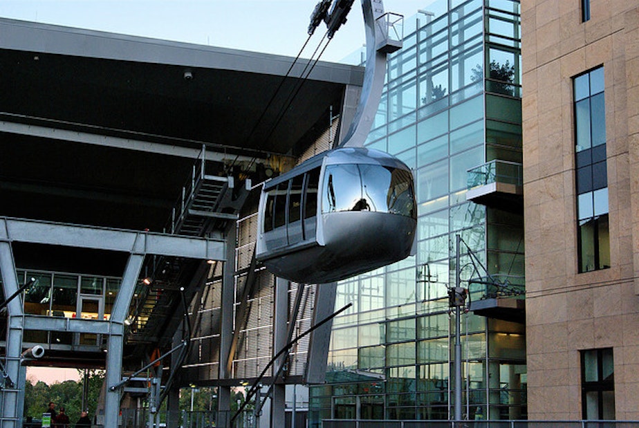 caption: Traveling at 22 mph, the Portland Aerial Tram carries passengers between the Oregon Health and Science University Hospital and the South Waterfront District in Portland.