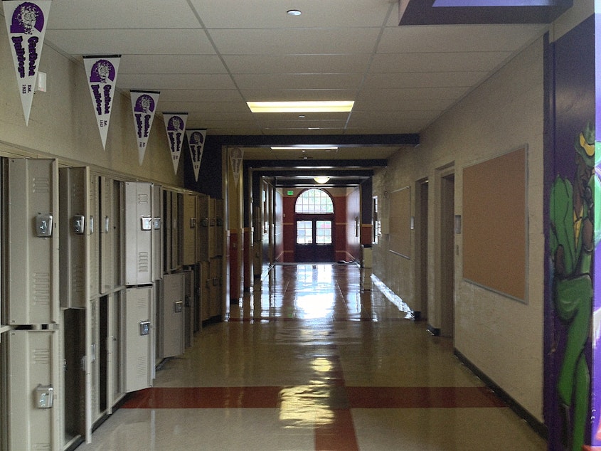 caption: An empty hallway at Garfield High School in Seattle. On April 6th, Governor Jay Inslee announced that school buildings will be closed for the rest of the academic year in Washington State. In the Mercer Island School District, classes resumed online for most students on April 13th. But for some, especially students with disabilities, that won't be enough.