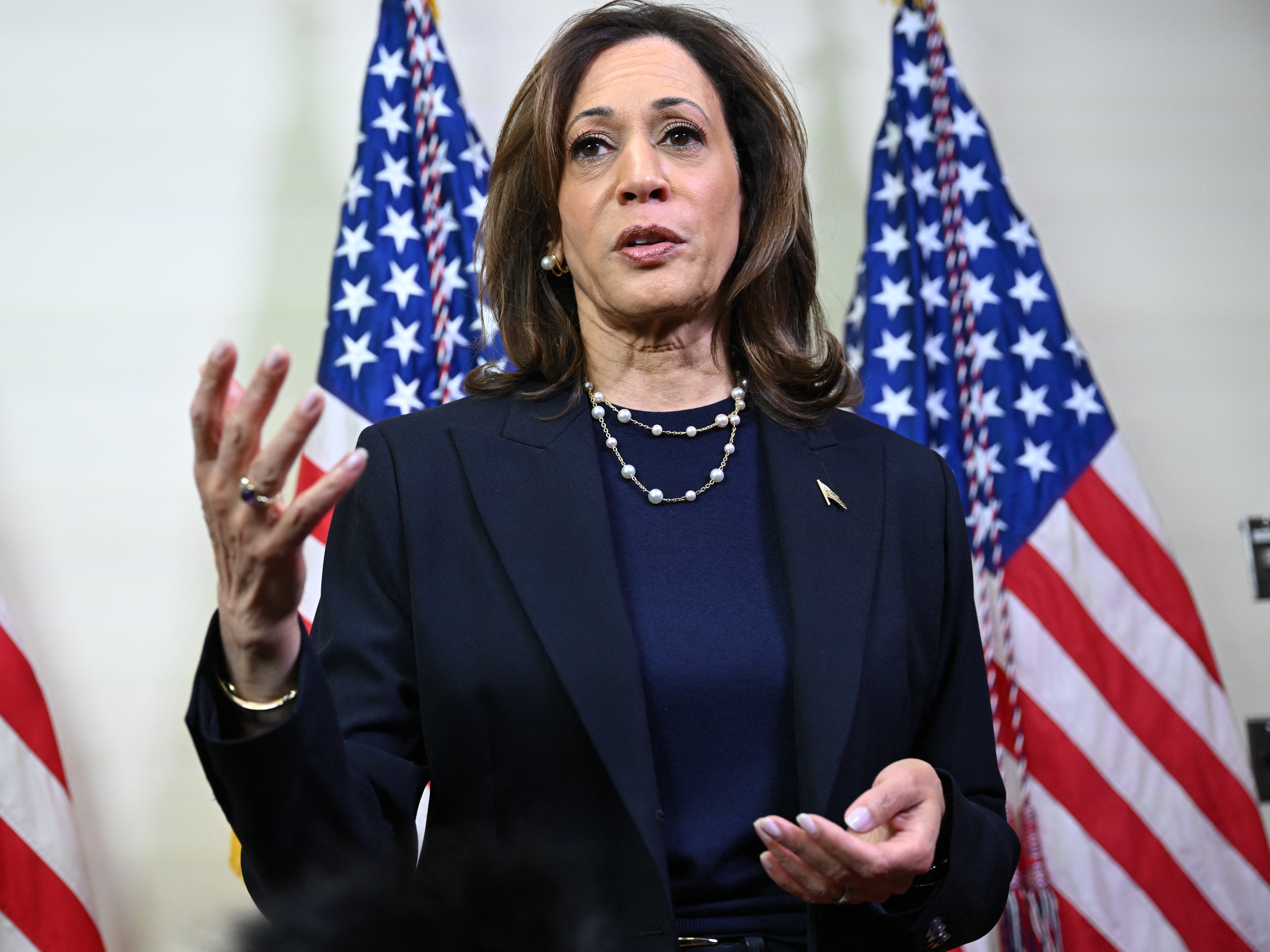 caption: Vice President Harris speaks to reporters in Philadelphia on Oct. 27, 2024.