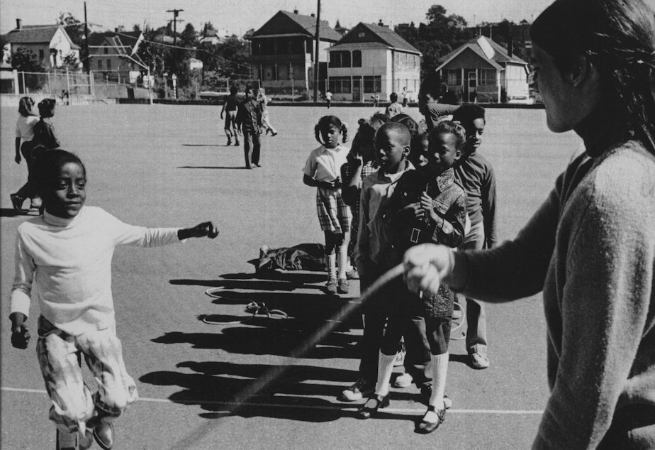 caption: Students play double-dutch at recess at Colman School in 1971. Back then, students had an hour or more time to eat and play at school.