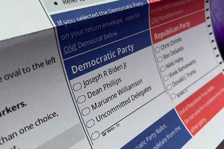 caption: Democrat and Republican presidential candidates listed on Washington state's 2024 primary ballot. The primary was held Tuesday, March 12, 2024.