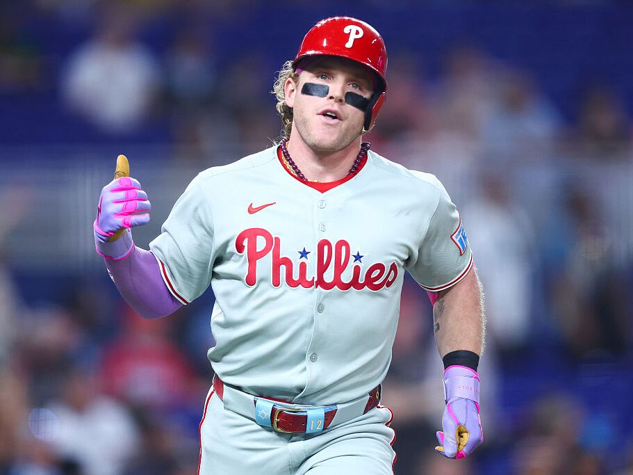 caption: Harrison Bader #2 of the Philadelphia Phillies reacts after hitting a home run against the Miami Marlins during the fourth inning of the game at loanDepot park on Sept. 05, 2025 in Miami, Florida.
