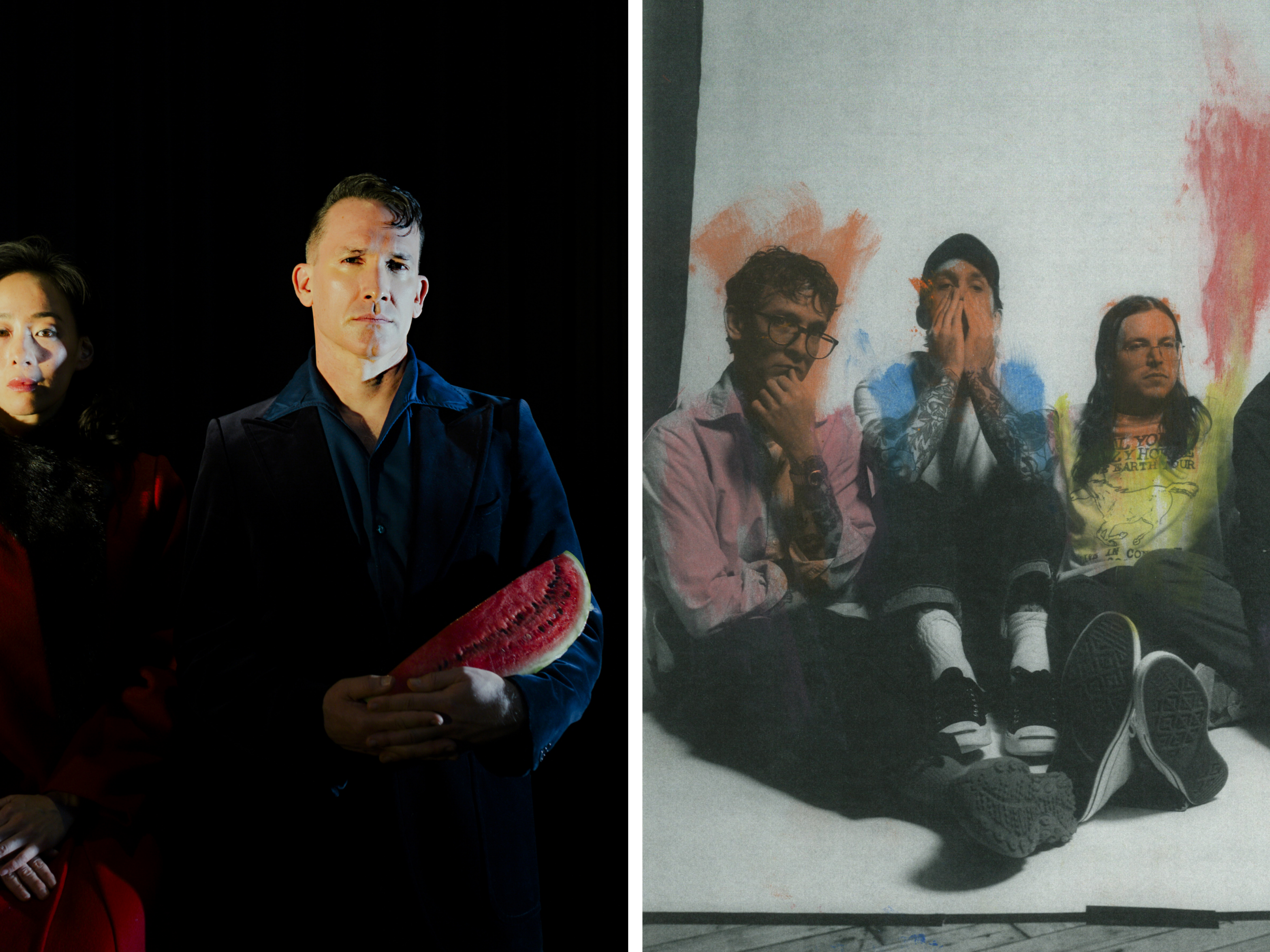 caption: Bands like Xiu Xiu (left) and Hotline TNT (right) recently pulled their music off Spotify, the world's largest streaming service.