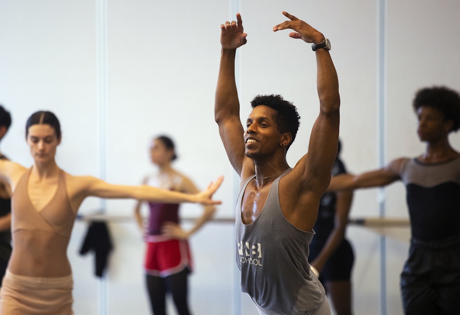 caption: Jonathan Batista, the first Black principal dancer in the history of the Pacific Northwest Ballet, rehearses on Monday, October 17, 2022, in Seattle. 