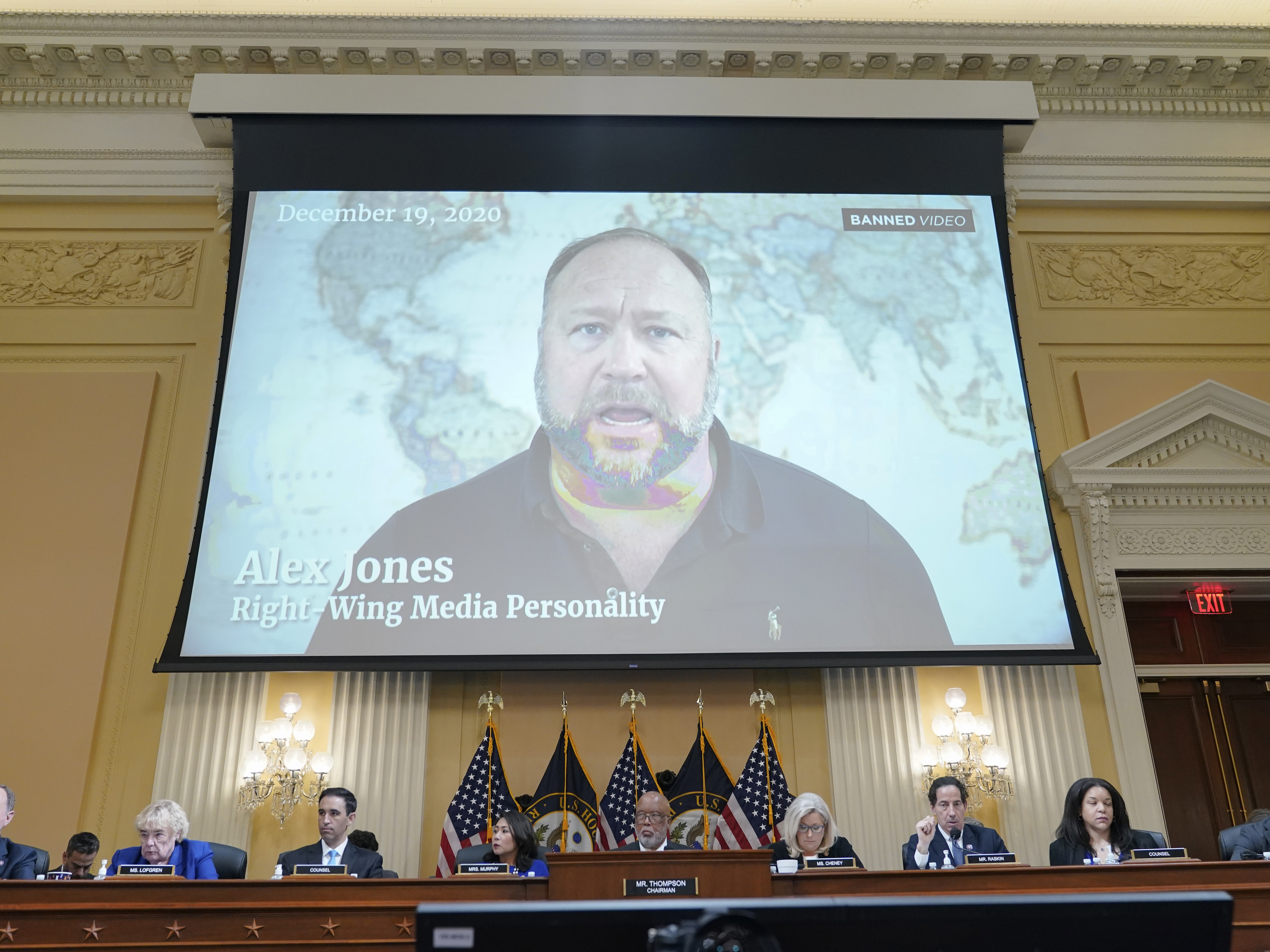caption: A video showing Alex Jones is shown as the House select committee investigating the Jan. 6, 2021, attack on the U.S. Capitol holds a hearing on July 12.