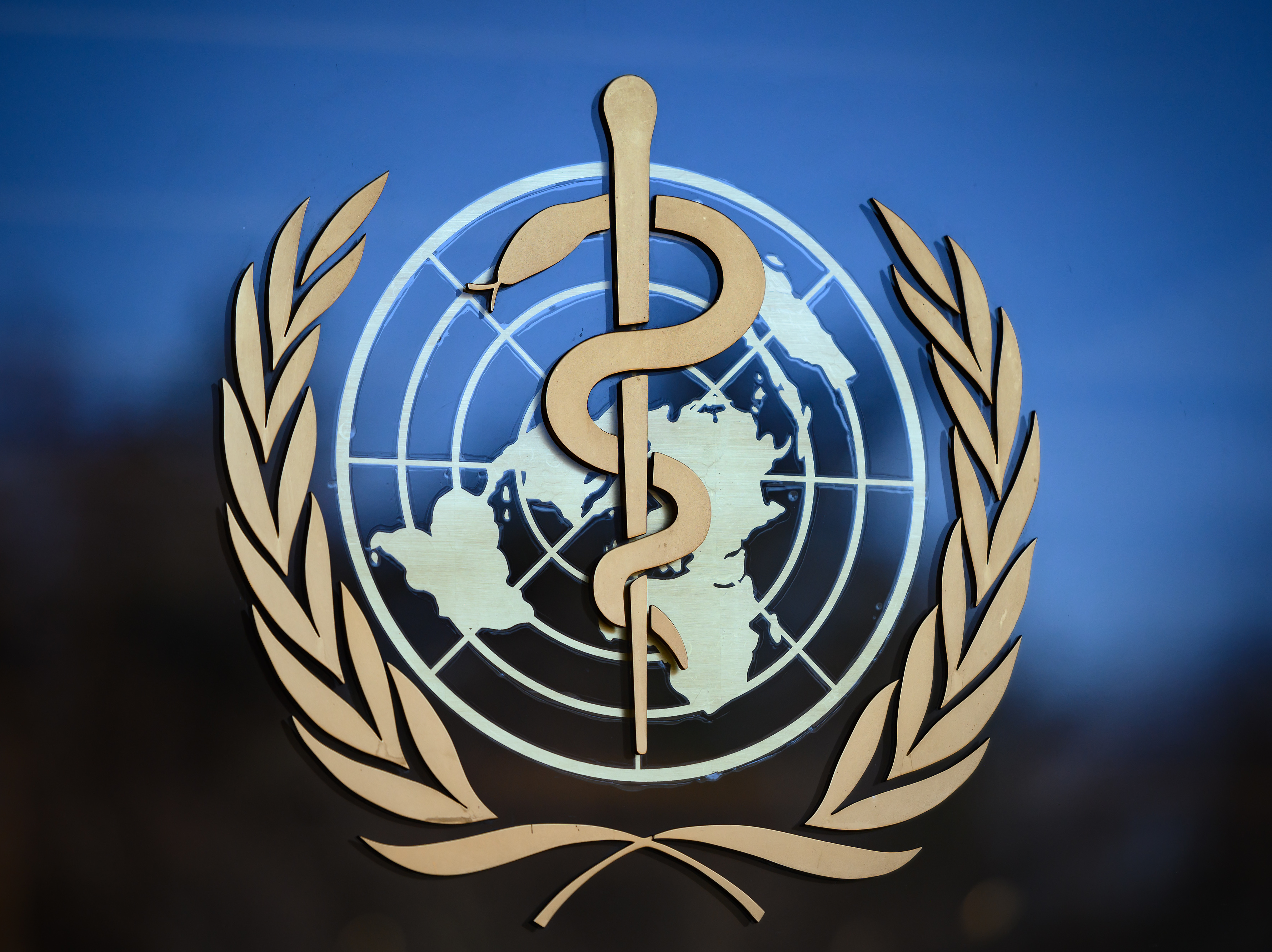 caption: The logo of the World Health Organization (WHO) at its headquarters in Geneva. The organization says the coronavirus is primarily transmitted "through respiratory droplets and contact routes," not airborne transmission.