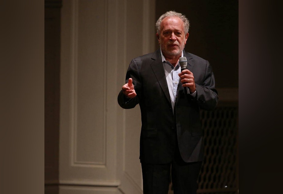 caption: Professor Robert Reich at Town Hall Seattle on Oct. 19, 2015.