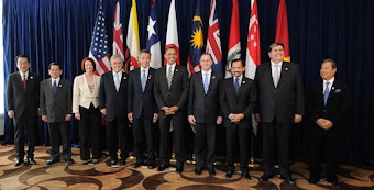 caption: A summit with leaders of the member states of the Trans-Pacific Strategic Economic Partnership Agreement in 2010. 
