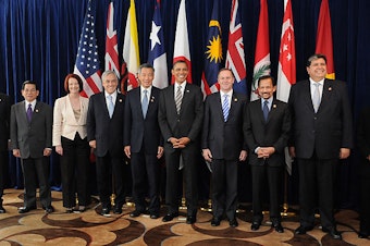 caption: A summit with leaders of the member states of the Trans-Pacific Strategic Economic Partnership Agreement in 2010. 