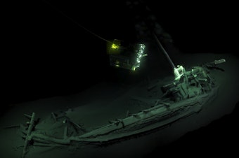 caption: The Black Sea Maritime Archaeology Project says the intact shipwreck was discovered at a depth of more than 1 mile, where the scarcity of oxygen helped preserve the ancient vessel.