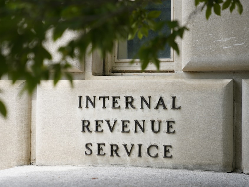 caption: A sign outside the Internal Revenue Service building in Washington, on May 4, 2021.