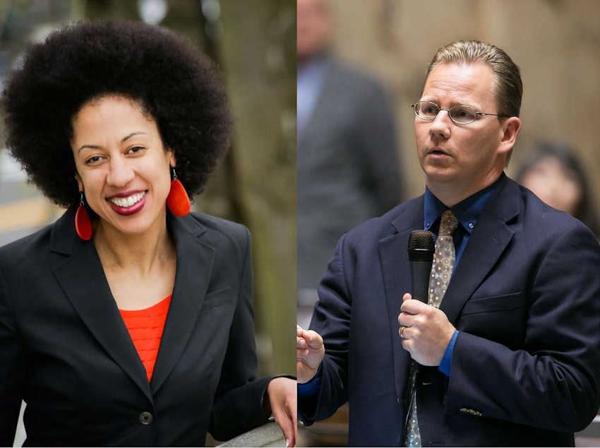 caption: Erin Jones, left, and Chris Reykdal are running for state schools chief in Washington state. Jones has been under fire for her comments on gender curriculum.