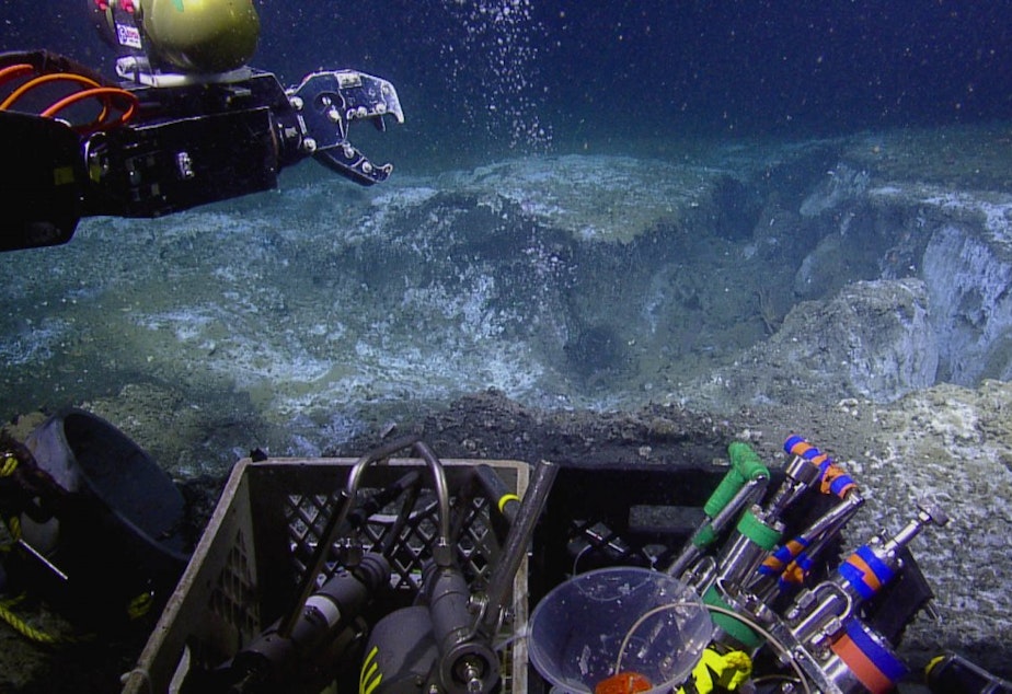 caption: Oregon-based researchers deployed an ROV to sample methane vents off the Pacific Northwest coast this summer.