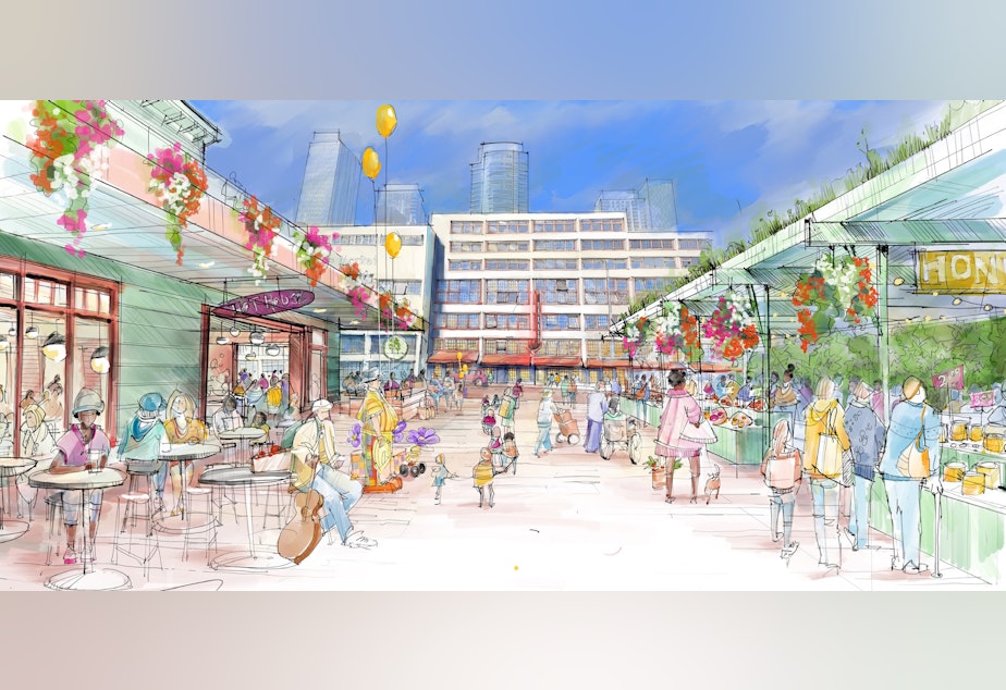 caption: The Pike Place Market as seen from down below in a proposed new plaza off Western Avenue.