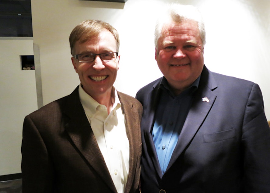 caption: Rob McKenna and Greg Nickels in the KUOW studios on election night.